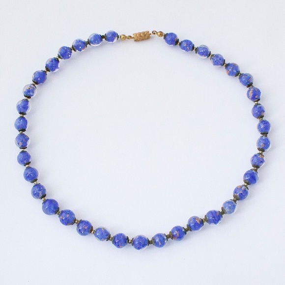 Vintage Venetian Glass Beaded Necklace Cobalt Blue Aventurine Bead Murano Italy - Picture 2 of 5